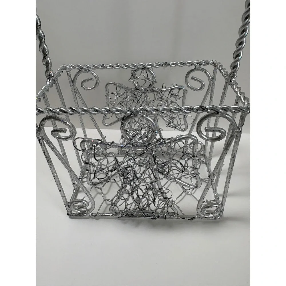 Silver Wire Angel Basket Twisted Metal Handle Christmas Decor Holiday